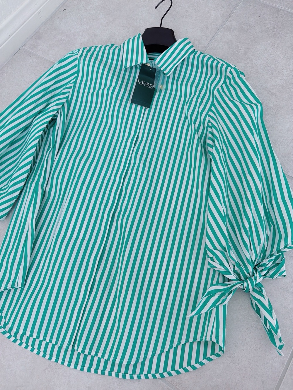 Lauren Ralph Lauren Green and White Striped Tie-Sleeve Button-Down Shirt